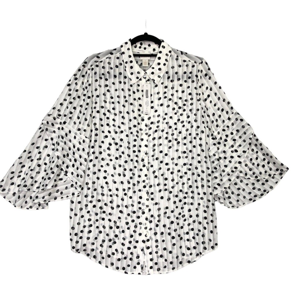 NWOT Chicos 1 US 8 Dazzling Dots Tulip Sleeve Shirt Top Black White Blouse